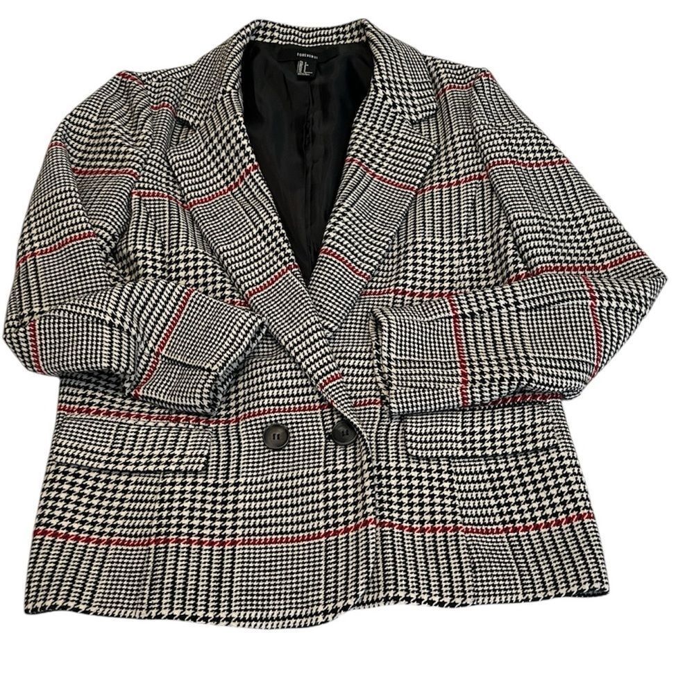 Forever 21 size small black white red houndstooth double breasted blazer EUC
